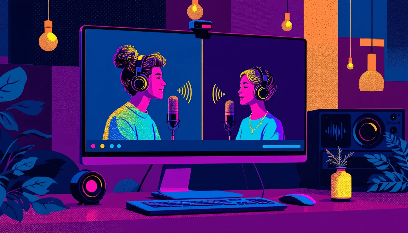 Remote podcast recording session illustrated in pop-art style